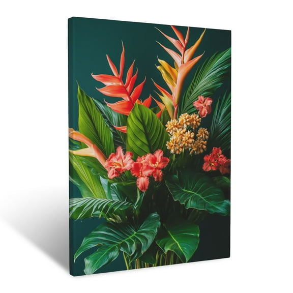 CozyNet Tropical Floral Arrangement With Heliconias, Ginger Flowers & Lush Green Leaves Wall Art Prints With Frame Canvas Perfect for Living Room & Bedroom, Ready to Hang, Wall Decor 16"x20"in