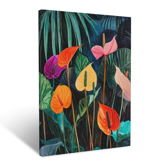 CozyNet Tropical Painting Of Bright Anthuriums, Towering Palms & Overlapping Leafy Layers Wall Art Prints With Frame Canvas Perfect for Living Room & Bedroom, Ready to Hang, Wall Decor 16"x20"in