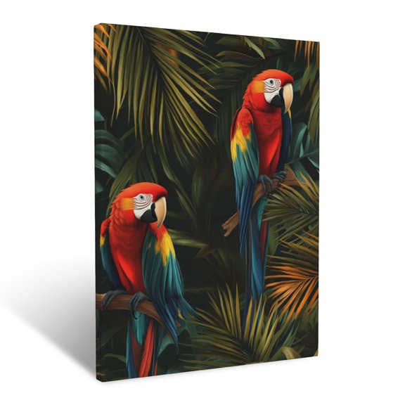 CozyNet Tropical Rainforest Scene With Colorful Macaws Perched On Palm Branches Wall Art Prints With Frame Canvas Perfect for Living Room & Bedroom, Ready to Hang, Wall Decor 12"x16"in