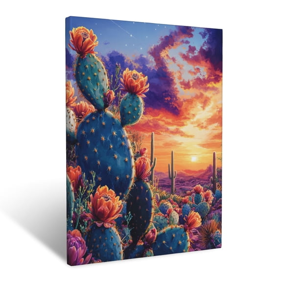 CozyNet Vibrant Blooming Cacti Set Against A Vast Desert Sunset Landscape Wall Art Prints With Frame Canvas Perfect for Living Room & Bedroom, Ready to Hang, Wall Decor 16"x20"in