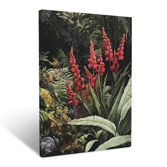 CozyNet Vibrant Coral Bells Growing Amidst Textured Forest Greenery Wall Art Prints With Frame Canvas Perfect for Living Room & Bedroom, Ready to Hang, Wall Decor 12"x16"in