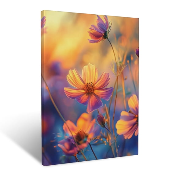 CozyNet Vibrant Cosmos Flowers Glowing Softly Beneath Warm, Golden Sunset Hues Wall Art Prints With Frame Canvas Perfect for Living Room & Bedroom, Ready to Hang, Wall Decor 16"x20"in