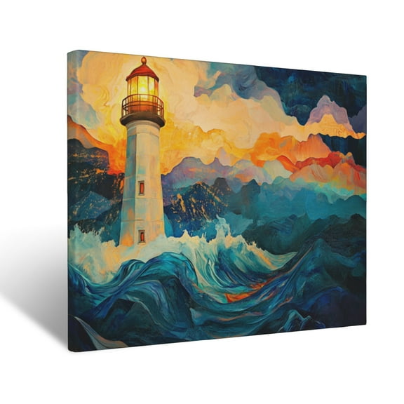 CozyNet Vibrant Depiction Of Faith As A Glowing Lighthouse In A Stormy Sea Wall Art Prints With Frame Canvas Perfect for Living Room & Bedroom, Ready to Hang, Wall Decor 12"x16"