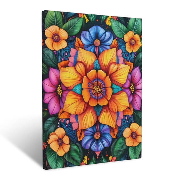 CozyNet Vibrant Floral Mandala With Symmetrical Layers Of Tropical Flowers & Lush Leaves Wall Art Prints With Frame Canvas Perfect for Living Room & Bedroom, Ready to Hang, Wall Decor 12"x16"in