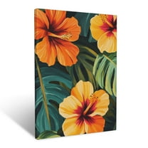CozyNet Vibrant Hibiscus Flowers And Monstera Leaves Set In Bold Tropical Hues Wall Art Prints With Frame Canvas Perfect for Living Room & Bedroom, Ready to Hang, Wall Decor 12"x16"in