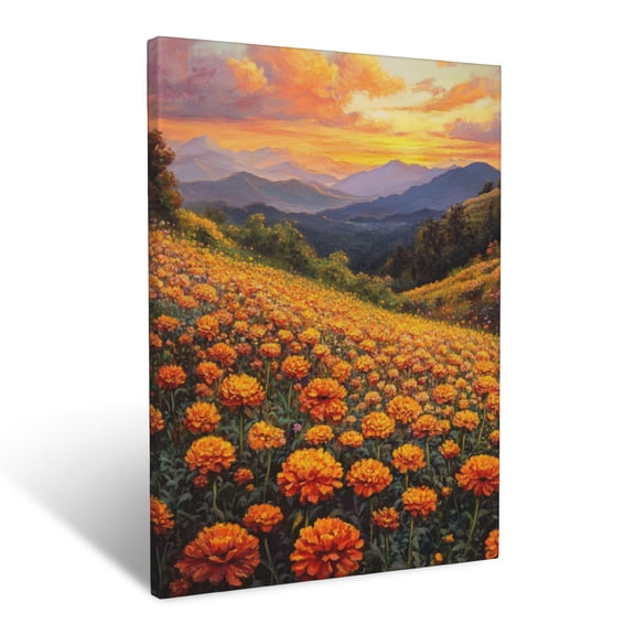 CozyNet Vibrant Marigold Field Illuminated By Gentle Evening Glow Wall Art Prints With Frame Canvas Perfect for Living Room & Bedroom, Ready to Hang, Wall Decor 16"x20"in