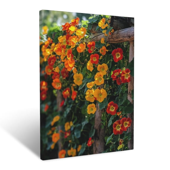 CozyNet Vibrant Nasturtiums Climbing Along A Rustic Trellis In Full Sunlight Wall Art Prints With Frame Canvas Perfect for Living Room & Bedroom, Ready to Hang, Wall Decor 12"x16"in