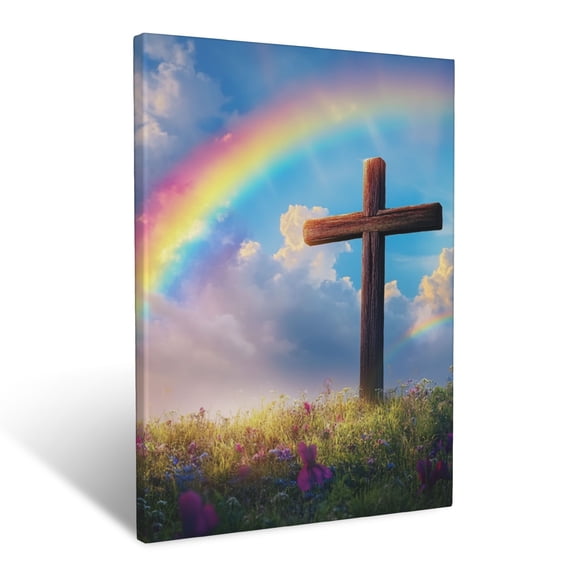 CozyNet Vibrant Rainbow With Glowing Clouds, Wooden Cross Standing Tall In A Peaceful Meadow Wall Art Prints With Frame Canvas Perfect for Living Room & Bedroom, Ready to Hang, Wall Decor 16"x20"