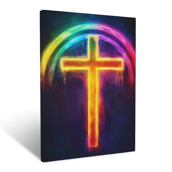 CozyNet A Vibrant Rainbow Over A Glowing Cross Symbolizing God Covenant Wall Art Prints With Frame Canvas Perfect for Living Room & Bedroom, Ready to Hang, Wall Decor 16"x20"