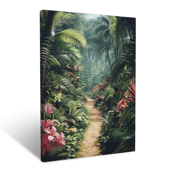 CozyNet Vibrant Rainforest Path Surrounded By Dense Layers Of Palms, Ferns & Flowers Wall Art Prints With Frame Canvas Perfect for Living Room & Bedroom, Ready to Hang, Wall Decor 16"x20"in