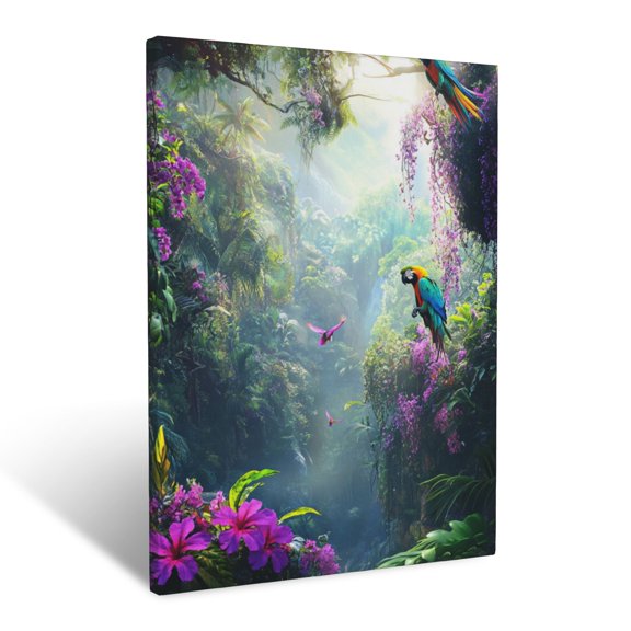 CozyNet Vibrant Tropical Rainforest Alive With Parrots & Flowering Vines Wall Art Prints With Frame Canvas Perfect for Living Room & Bedroom, Ready to Hang, Wall Decor 16"x20"in