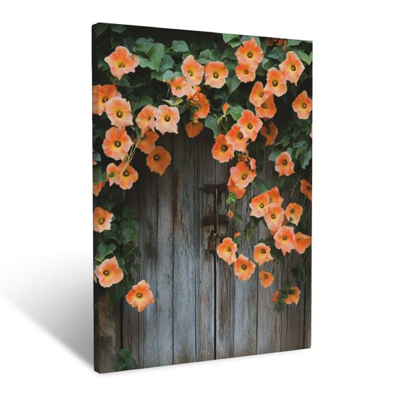 CozyNet Vibrant Trumpet Vine Flowers Cascading Over A Rustic Gate Wall Art Prints With Frame Canvas Perfect for Living Room & Bedroom, Ready to Hang, Wall Decor 16"x20"in