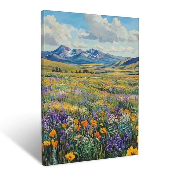 CozyNet Vibrant Wildflower Prairie Extending Towards Distant Mountains And Clouds Wall Art Prints With Frame Canvas Perfect for Living Room & Bedroom, Ready to Hang, Wall Decor 12"x16"in