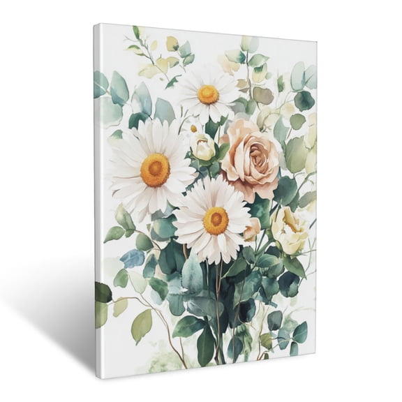 CozyNet Watercolor Inspired Floral Art With Soft Layers Of Daisies, Roses & Eucalyptus Wall Art Prints With Frame Canvas Perfect for Living Room & Bedroom, Ready to Hang, Wall Decor 12"x16"in