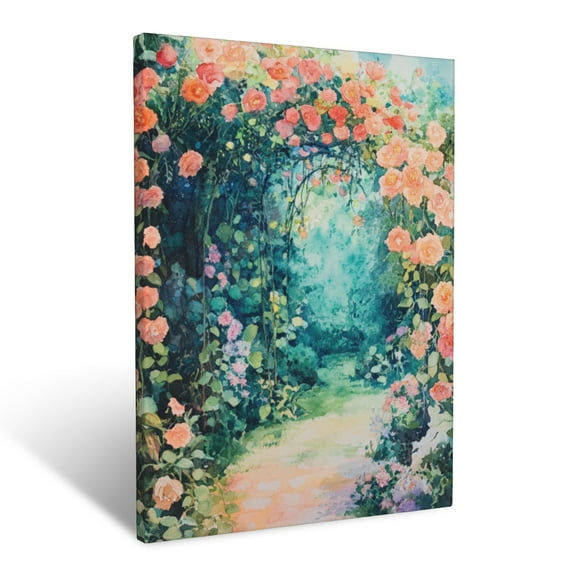 CozyNet Watercolor Inspired Scene Of Lush Garden Landscapes With Radiant Blossoms And Vines Wall Art Prints With Frame Canvas Perfect for Living Room & Bedroom, Ready to Hang, Wall Decor 12"x16"in