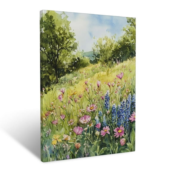 CozyNet Watercolor Landscape Of A Spring Meadow With Wildflowers In Bloom Wall Art Prints With Frame Canvas Perfect for Living Room & Bedroom, Ready to Hang, Wall Decor 12"x16"in