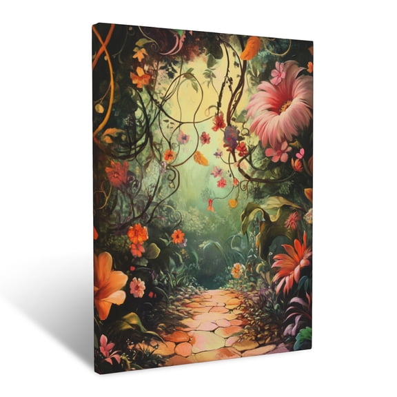 CozyNet Whimsical Fantasy Garden Filled With Oversized Leaves, Curling Vines And Blossoms Wall Art Prints With Frame Canvas Perfect for Living Room & Bedroom, Ready to Hang, Wall Decor 12"x16"in
