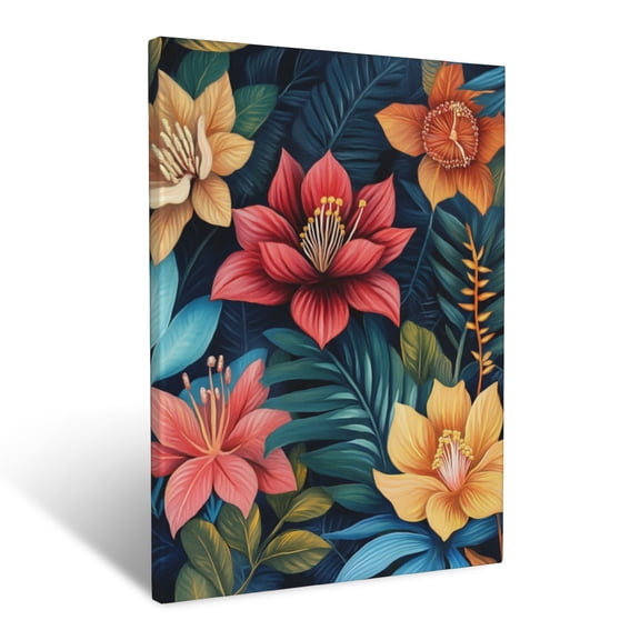 CozyNet Whimsical Tropical Scene Of Giant Flowers, Colorful Ferns & Softly Glowing Vines Wall Art Prints With Frame Canvas Perfect for Living Room & Bedroom, Ready to Hang, Wall Decor 12"x16"in
