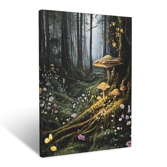 CozyNet Wild Forest Scene With Softly Glowing Fungi, Mossy Roots & Scattered Wild Blooms Wall Art Prints With Frame Canvas Perfect for Living Room & Bedroom, Ready to Hang, Wall Decor 12"x16"in