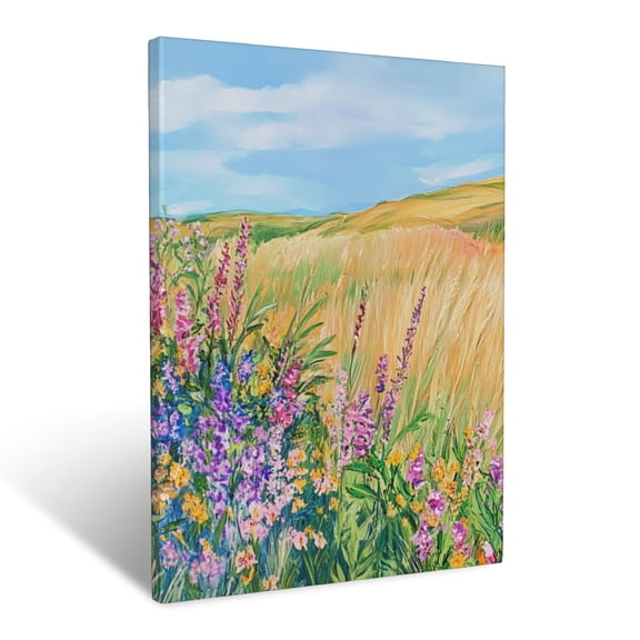 CozyNet Wild Prairie Landscape Dotted With Colorful Wildflowers & Golden Tall Grasses Wall Art Prints With Frame Canvas Perfect for Living Room & Bedroom, Ready to Hang, Wall Decor 12"x16"in