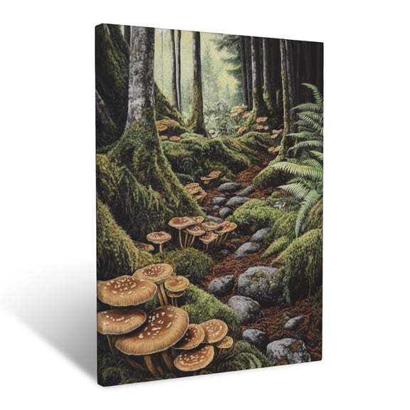 CozyNet Woodland Floor Covered In Mushrooms, Mossy Rocks & Scattered Fern Fronds Wall Art Prints With Frame Canvas Perfect for Living Room & Bedroom, Ready to Hang, Wall Decor 12"x16"in