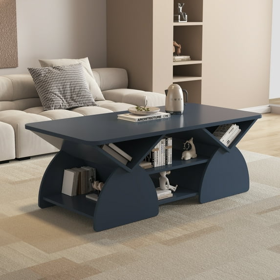 CozyNook Engineered wood rounded corner rectangular coffee table for living room, easy assembly storage table with open shelves sturdy frame for Reception Room, Modern Coffee Table Geometric Design B