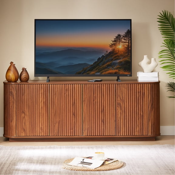 CozyNook Sideboard Storage Cabinet TV Stand with wave pattern Buffet Cabinet Wooden Vertical Striped Cabinet for Kitchen/Bedroom/Entryway. Walnut, 64''W x 15''D x 24''H.