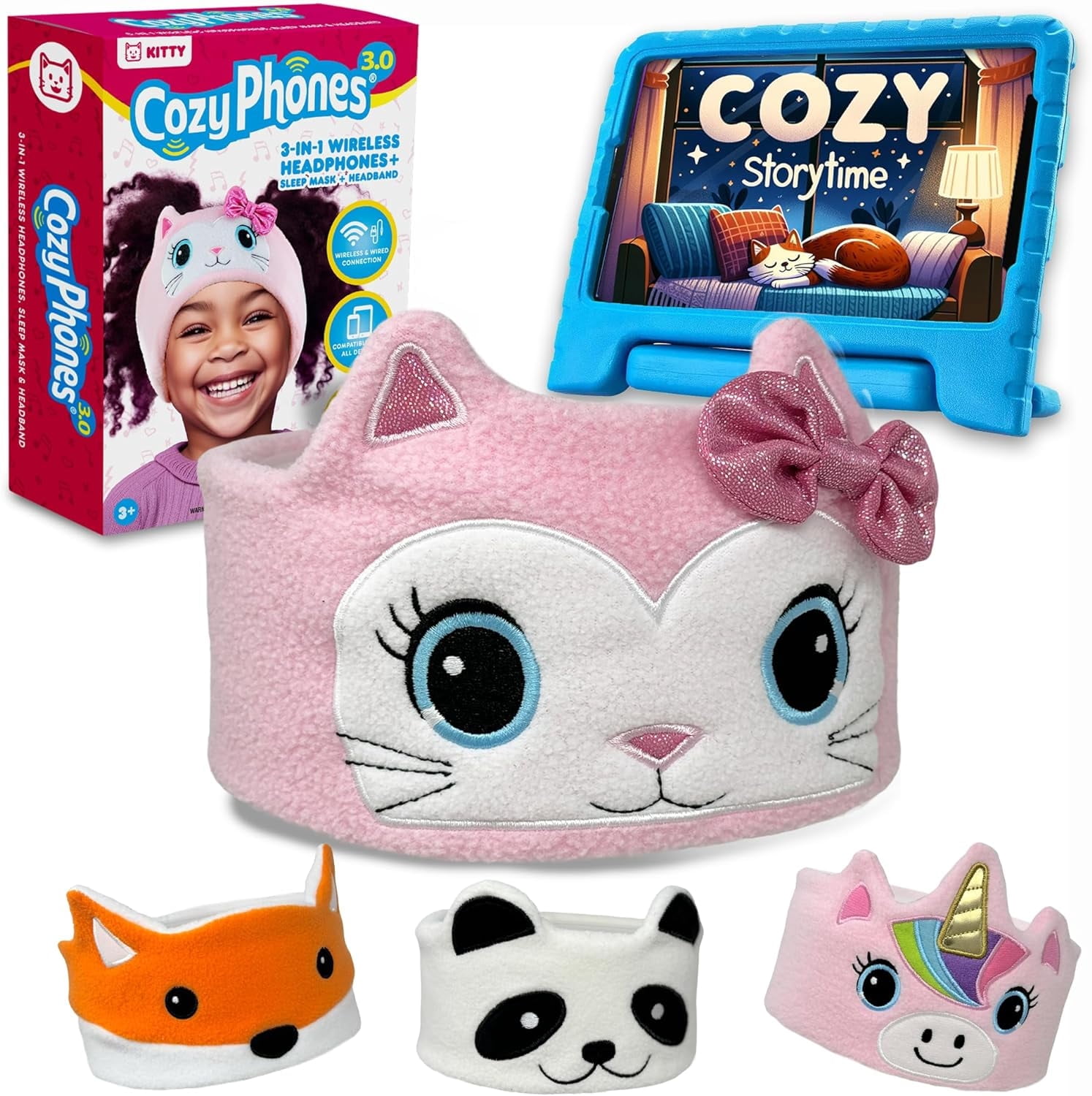 CozyPhones 3.0 Toddler Headphones Wireless & Wired with Volume Limiting, Perfect Toddler Earphones - Includes Wired Option & Travel Bag. Great for Girl or Boy, School, Home and Travel - Pink Kitty