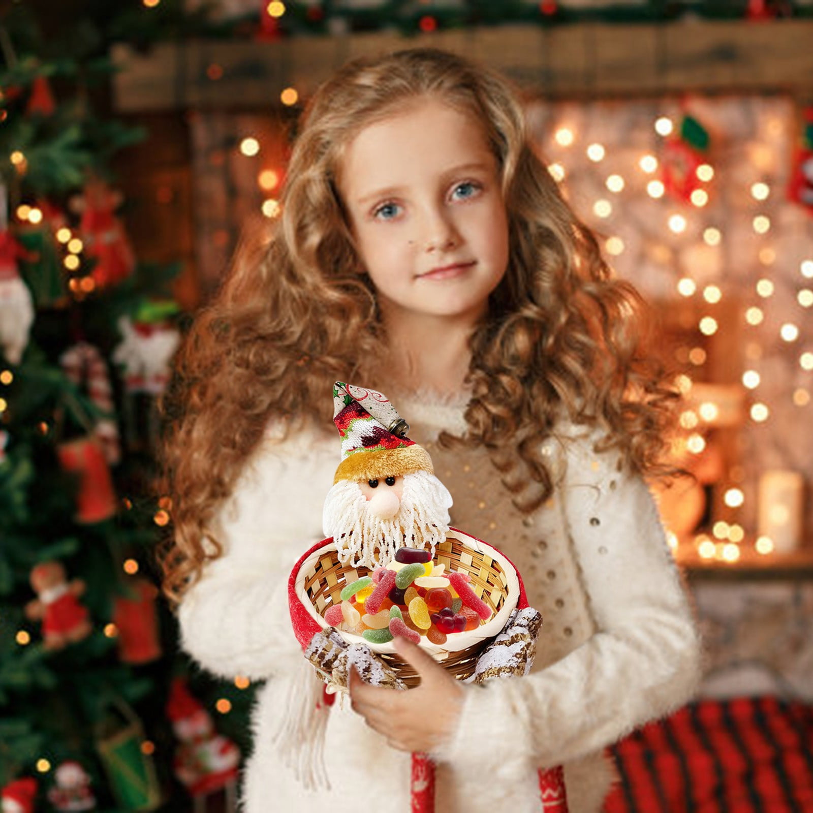 Christmas Candy Basket - Santa Snowman Rattan Woven Bowl, Holiday Decor Tray