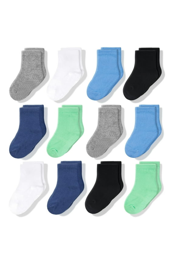 Infant Cotton Crew Socks - Wiggle-Proof Newborn Socks - Soft Breathable Cotton Foot Comfort - Tailored 0-6 Month Fit - Pack of 12 - Blue/White/Green