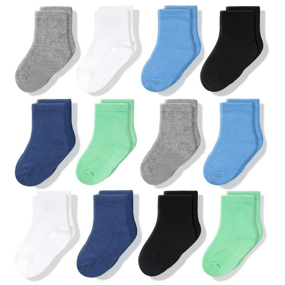 CozyWay Baby Boy Socks Crew Comfy Cotton Socks For Boys Babies Infants - Soft & Breathable - For Ages 1-11 Months - Multi Color Blue - 12 Pack