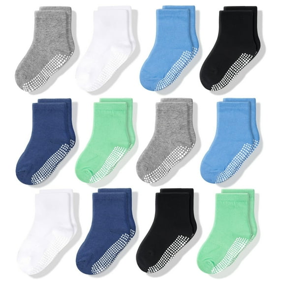 CozyWay Toddler Socks With Grippers - Non-Slip Grippy Tread for Secure Steps Toddler Grip Socks - Soft Breathable Cotton for Babies 6-12 Months - 6-12 Months, Pack of 12, Blue White Green