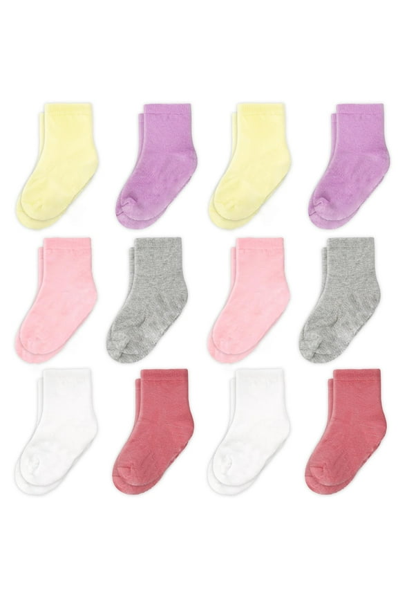 Baby & Toddler Crew Socks - Soft Breathable Cotton - Easy Slip-On Infant Socks - Snug Non-Slip Fit for Toddlers - 6-12 Months, Pack of 12, Pink/White/Gray