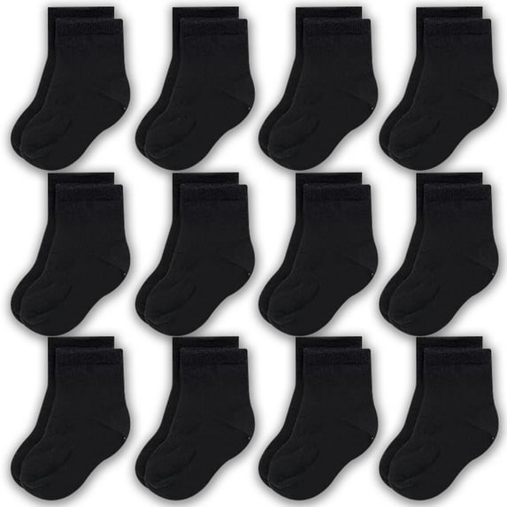 CozyWay Baby Cotton Crew Socks - Soft Breathable Design - Durable Reinforced Toe Black Socks for Babies - Black, 0-6 Months - Pack of 12