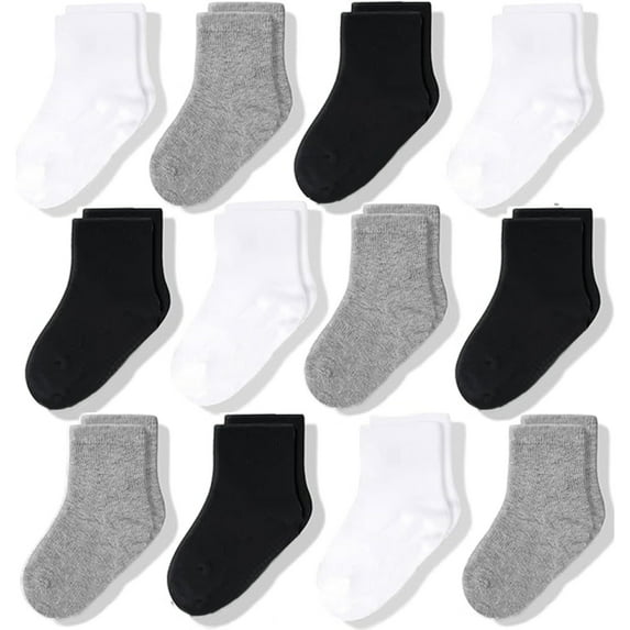 CozyWay Baby & Toddler Crew Socks - Soft Breathable Cotton Baby Socks - Reinforced Toe Construction - 0-6 Months, Black/White/Gray, Pack of 12