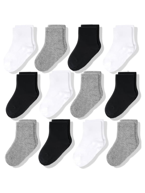 Baby & Toddler Crew Socks - Soft Breathable Cotton Baby Socks - Reinforced Toe Construction - 0-6 Months, Black/White/Gray, Pack of 12
