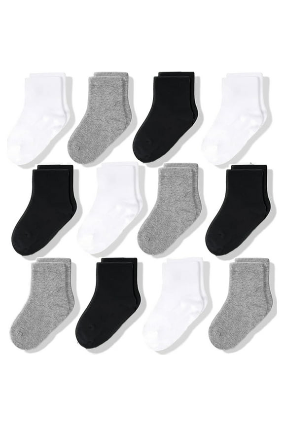 Baby & Toddler Crew Socks - Soft Breathable Cotton Baby Socks - Reinforced Toe Construction - 0-6 Months, Black/White/Gray, Pack of 12