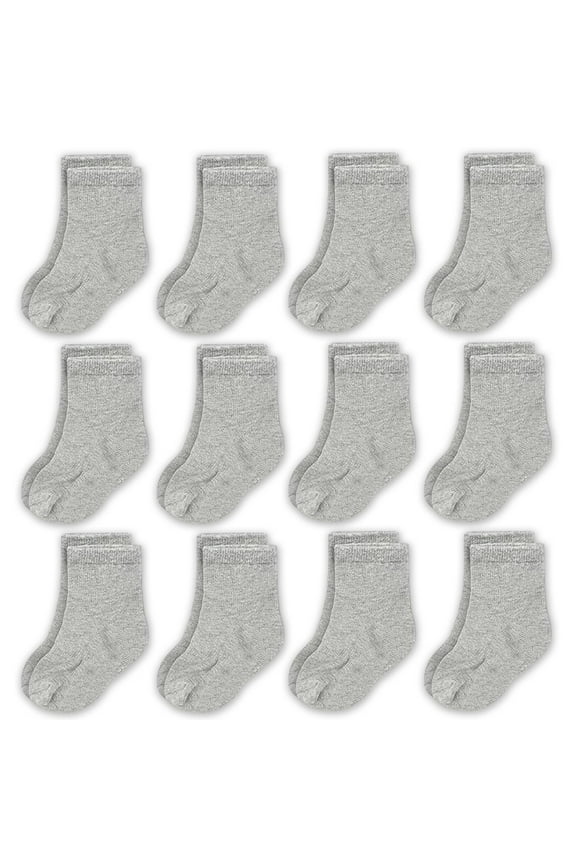 Toddler Socks Cotton Crew - Baby Boy & Baby Girl Socks - Soft Breathable Reinforced Toe - 6-12 Months, Gray, 12 Pack