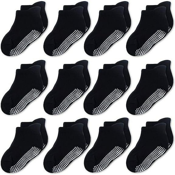 CozyWay Baby & Toddler Non-Slip Socks - Non-Slip Dotted Gripper Sole - Toddler Socks with Grippers - 0-6 Months, Black, 12 Pack