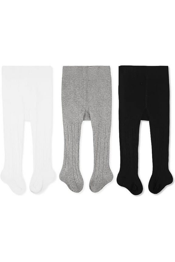 Cable Knit Baby & Toddler Tights - Soft Cotton Baby Leggings - Stay-Up Ribbed Waist for Toddler Girls - Versatile Cable Knit Infant Leggings - 6-12 Months, Pack of 3, White, Black, Gray
