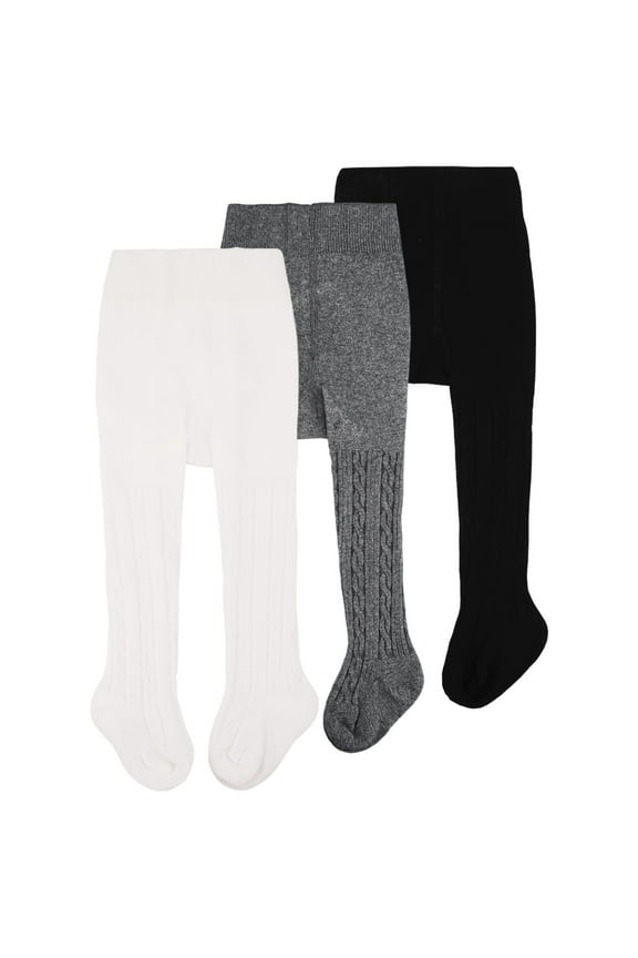 Cable Knit Cotton Leggings/Tights for Baby Girls, 3 Pack, White/Black/Dark Gray, 6-12 Months Old
