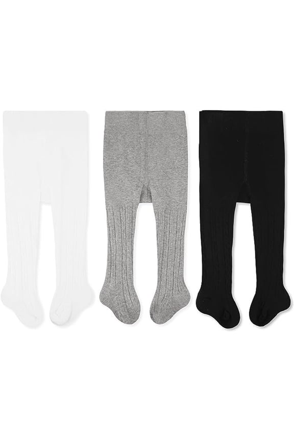 Cable Knit Cotton Leggings/Tights for Baby Girls, 3 Pack, White/Gray/Black, 0-6 Months Old