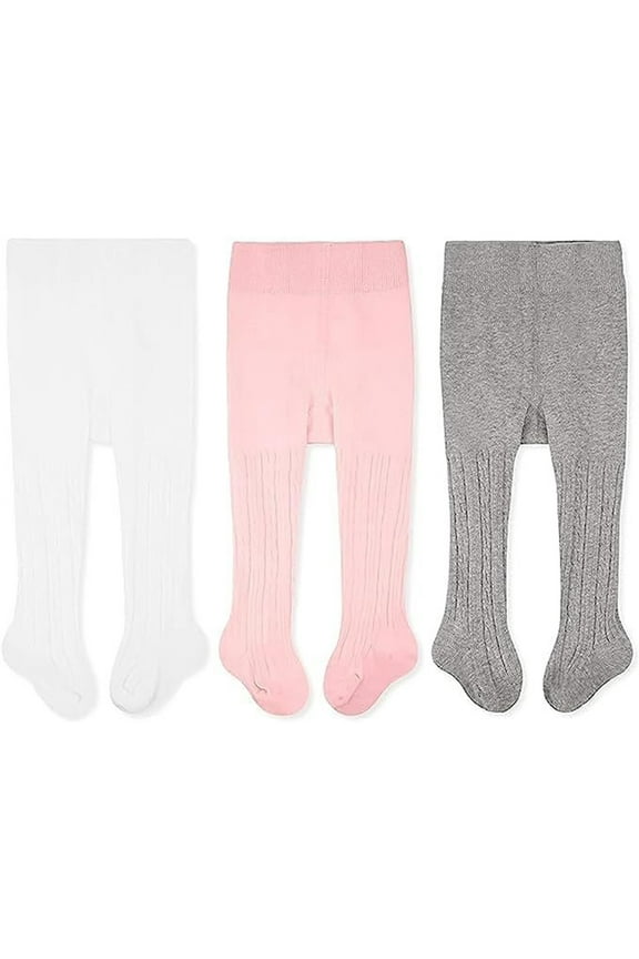 Cable Knit Cotton Leggings/Tights for Baby Girls, 3 Pack, White/Pink/Gray, 0-3 Months Old