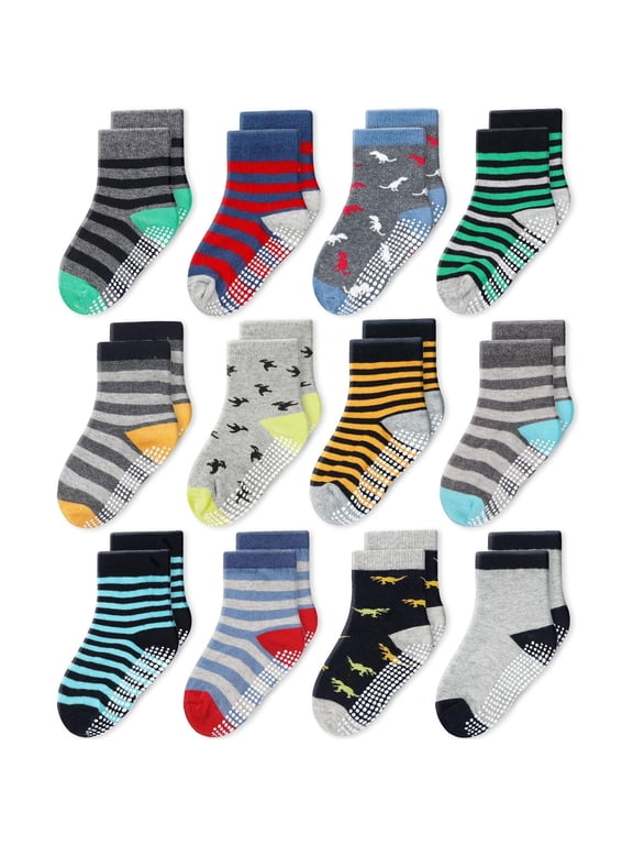 Kids Crew Grip Socks - Soft Cotton Comfort Boys & Kids Socks - Durable Non-Slip Grippers - 5-7 Years, Gray/Yellow Multicolor - Pack of 12