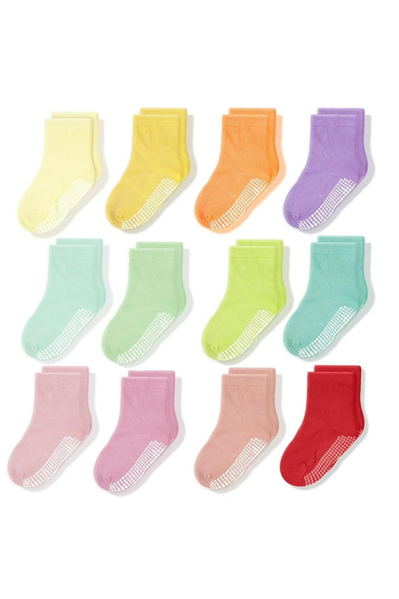 Kids Non-Slip Crew Grip Socks - Non-Slip Safety Grip & Childrens Socks - 7-9 Years, Multicolor - Pack of 12