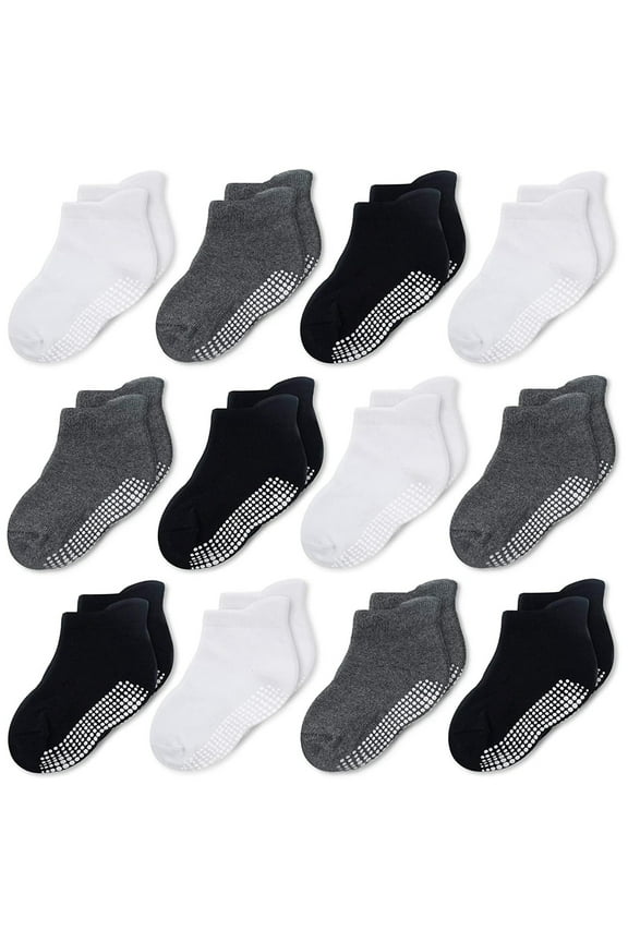 Grip Socks for Toddlers - Breathable Cotton Comfort - Grippy Toddler Socks - 3T-5T, Black White Dark Gray - Pack of 12