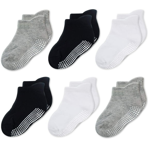 CozyWay Non-Slip Ankle Style Socks with Grippers, 6 Pack for Baby Boys and Girls, Black White and Gray, 6-12 Months