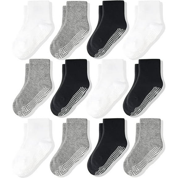 CozyWay Toddler Socks with Grippers - Soft Cotton Comfort for Baby Feet & Toddler Ankles - Non-Slip Grippers for Baby Boys & Girls - 6-12 Months, Black/White/Gray, Pack of 12
