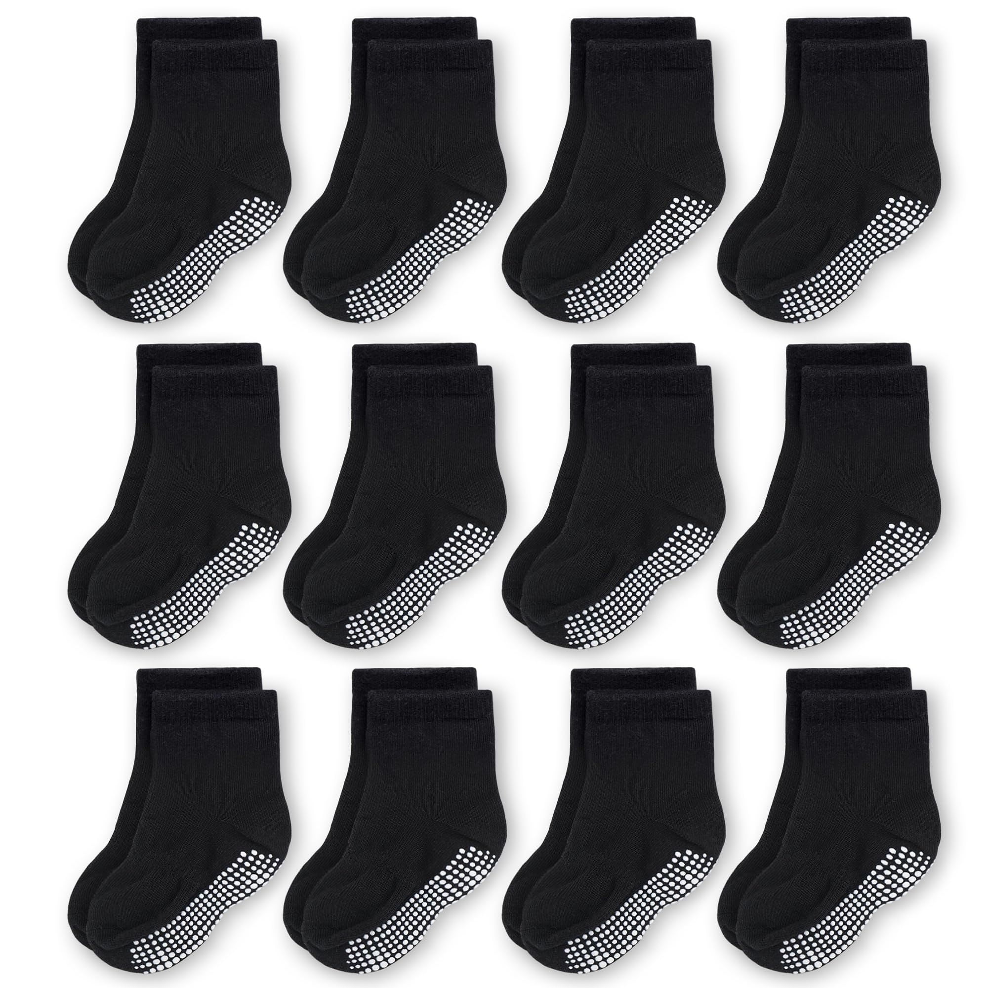 CozyWay NonSlip Crew Grip Kids Socks, 12 Pack for Boys & Girls, Black, 57 Years Old