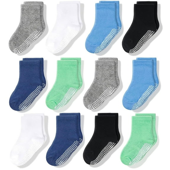 CozyWay Toddler Socks with Grippers - Non-Slip Soles, Soft Cotton Blend & Arch Support - Socks for Toddler Boys & Girls - 1T-3T - Pack of 12 - Crew Height, Blue, White, Green